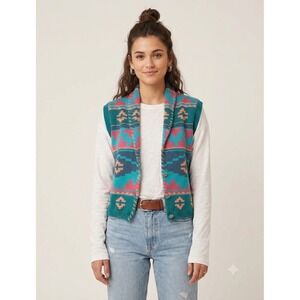 Vintage Nuovo Sweater Vest Womens Medium Teal Pink Southwest Shawl Collar Knit
